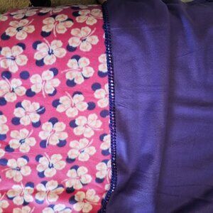 Handmade Double Fleece (Pink/Purple Flowers) Crochet Edged Blanket
